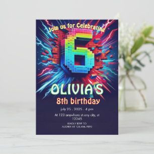 Invitation néon pixel pour garçon de 6 ans d'anniv