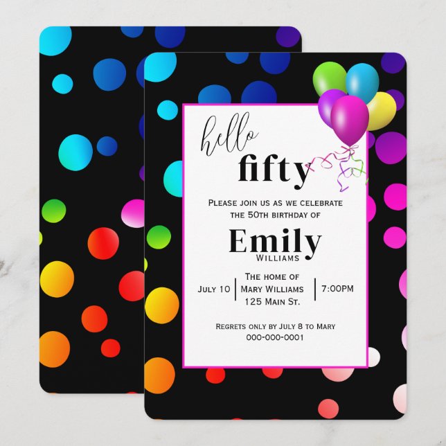Invitation Neon Pois pour la fête du 50e anniversaire (Devant / Derrière)