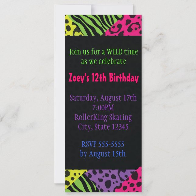 Invitation Neon Poster de animal coloré Zebra Leopard Party (Devant)