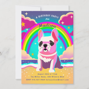 Invitation Neon Rainbow Frenchie Retro Anniversaire