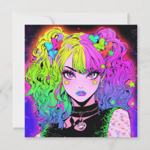 Invitation Neon Rainbow Goth Anime Girl Portrait