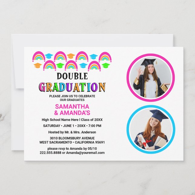 Invitation Neon Rainbow Photo Double Graduation Party (Devant)