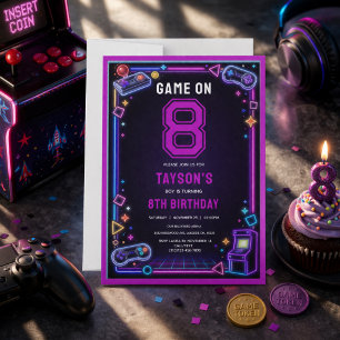 Invitation Néon Rétro Arcade Jeux Anniversaire 8 Ans