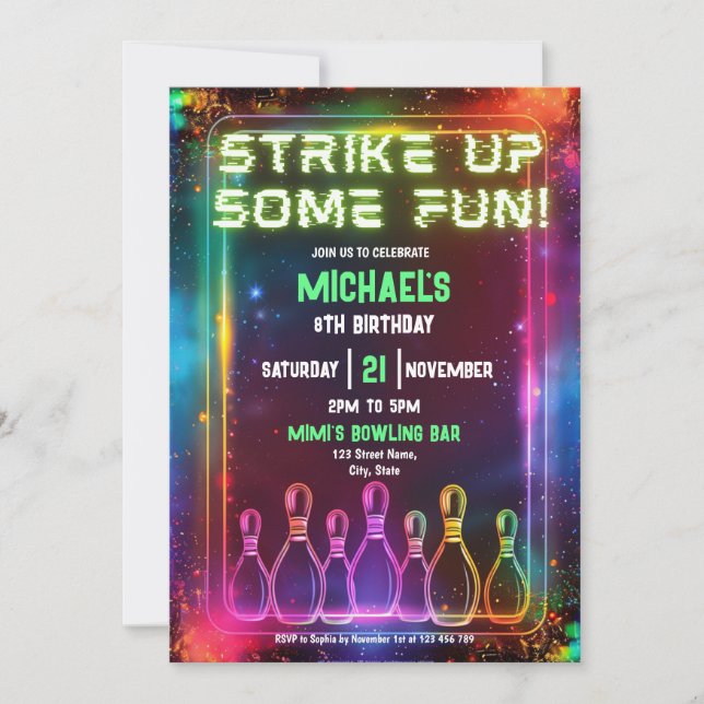 Invitation Neon Retro Bowling Grève Une Fête Amusante (Devant)