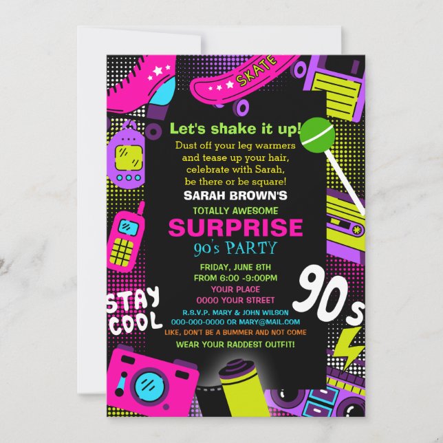 Invitation Neon Retro Totalement génial 90s Anniversaire fête (Devant)