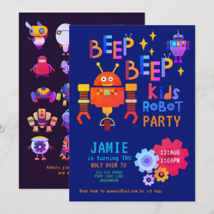 Invitation NEON ROBOT 2e fête d'anniversaire garçon fille drô