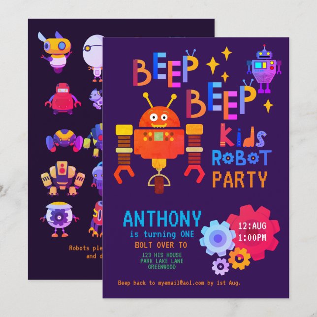 Invitation NEON ROBOT Party Boys Girl 1er anniversaire Fun (Devant / Derrière)