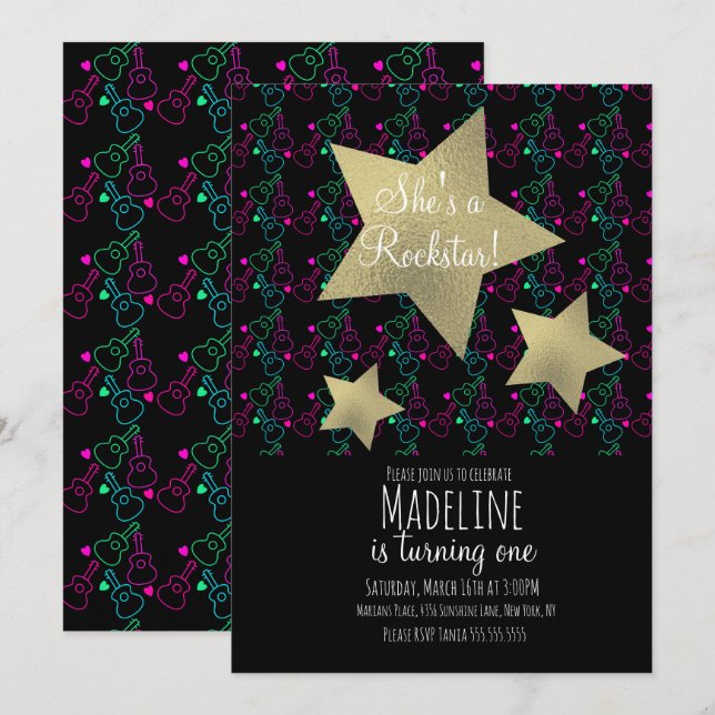 Invitation Neon Rockstar Guitare Faux Gold Star Anniversaire (Devant / Derrière)