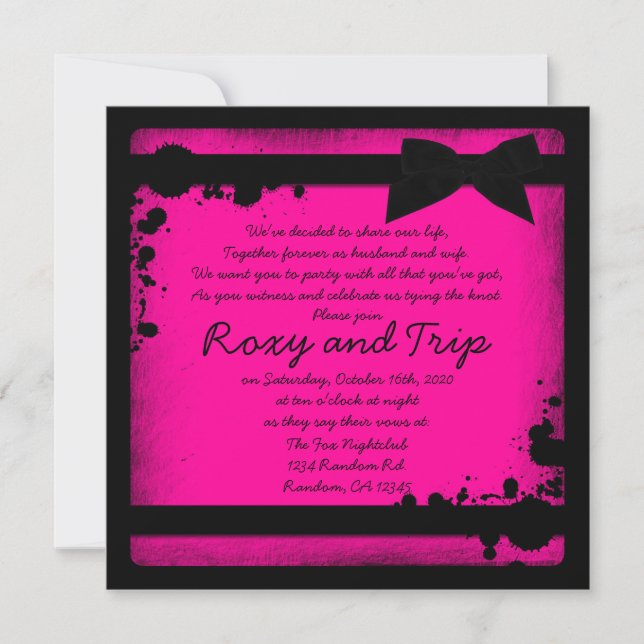 Invitation Neon rose grunge noir ruban invite mariage (Devant)