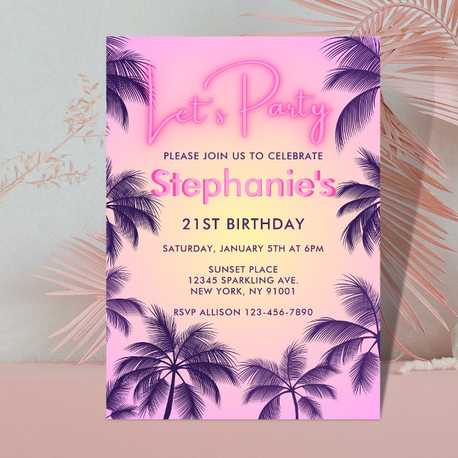 Invitation Neon rose Luminons Fêtons les palmiers au coucher  (Créateur téléchargé)