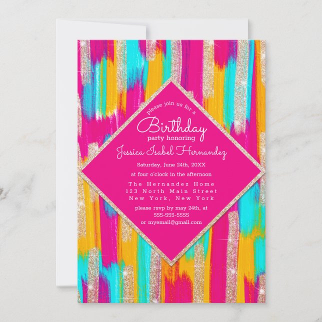 Invitation Neon rose Turquoise Jaune Parties scintillant or P (Devant)