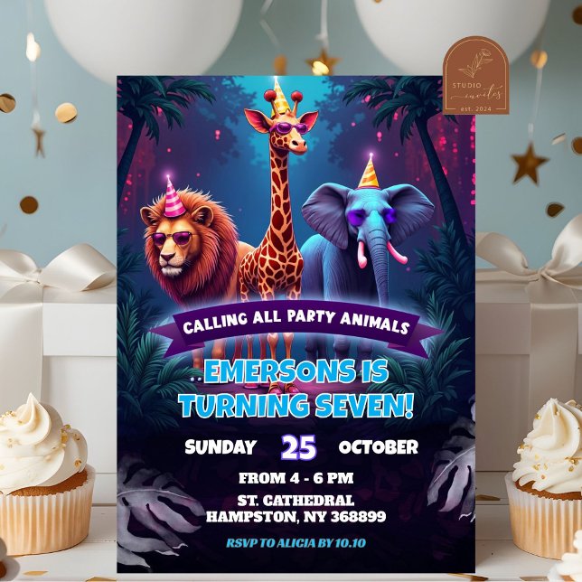 Invitation Neon Safari Animaux sauvages Garçon Anniversaire (Créateur téléchargé)