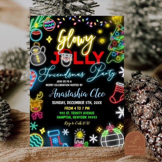 Invitation Neon Santa Glowy Jolly Friendsmas Holiday Party (Créateur téléchargé)