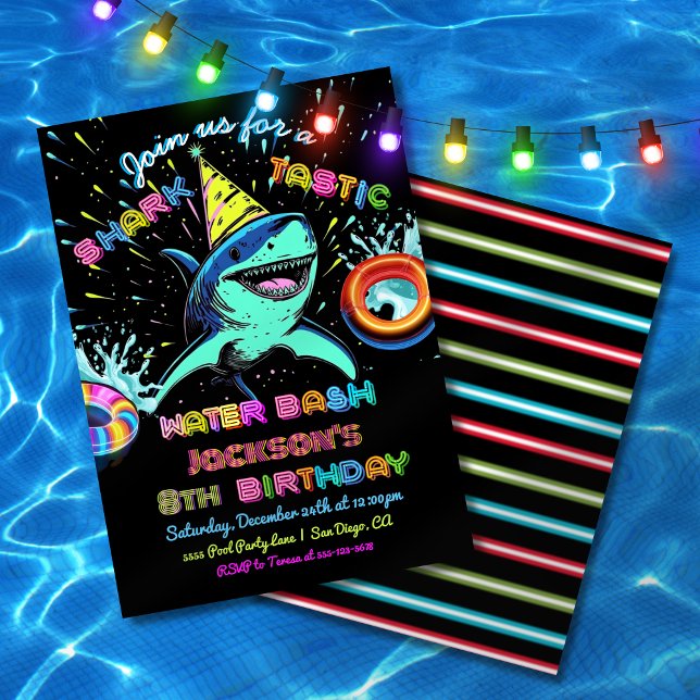 Invitation Neon Shark Pool fête d'anniversaire (Créateur téléchargé)