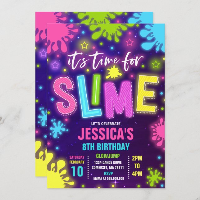 Invitation Neon Slime Party (Devant / Derrière)