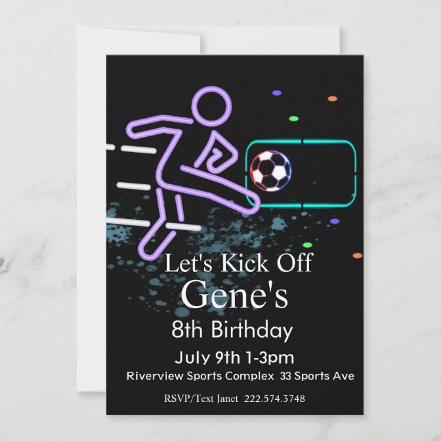 Invitation Neon Soccer Anniversaire, Football Anniversaire, F (Devant)