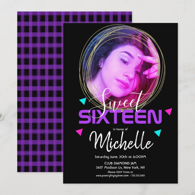 Invitation Neon Sweet sixteen Gold Ring Confetti (Devant / Derrière)