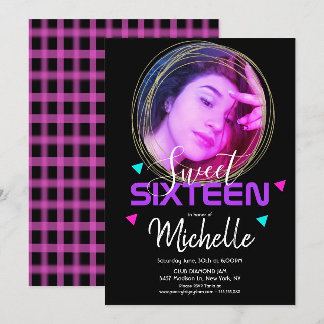 Invitation Neon Sweet sixteen Gold Ring Confetti (Devant / Derrière)
