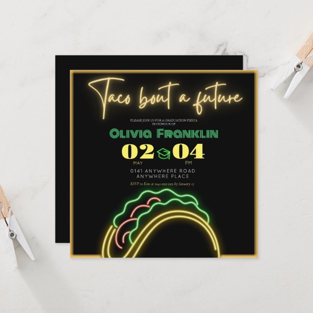 Invitation Neon taco parle d'un futur diplôme (Devant/Arrière en situation)