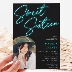 Invitation Neon turquoise panneau bleu script amusant arche p