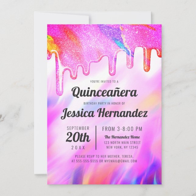 Invitation Neon Unicorn Holographic Parties scintillant Drip  (Devant)