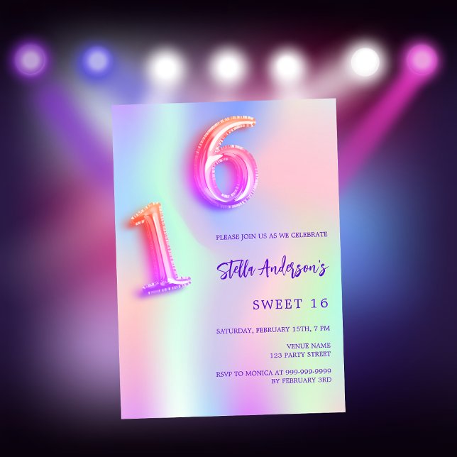 Invitation Néon violet rose holographique Sweet 16 (Créateur téléchargé)