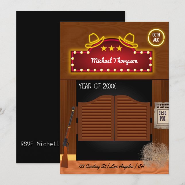 Invitation Neon Wild West Cowboy thème Graduation Party Invi (Devant / Derrière)