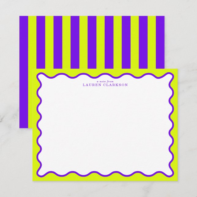 Invitation Neon Yellow-Green & Purple Wavy Note Card (Devant / Derrière)