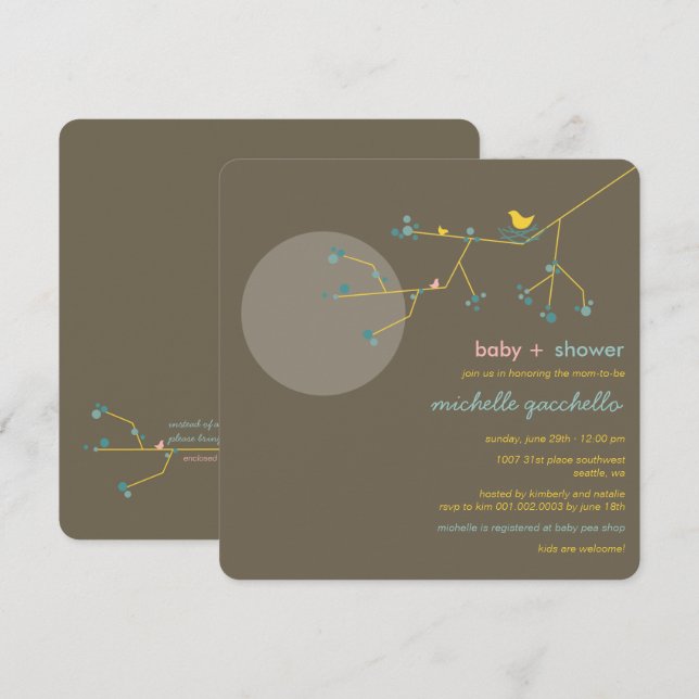 Invitation Nesting Bird Family Tree Simple Chic Baby shower (Devant / Derrière)