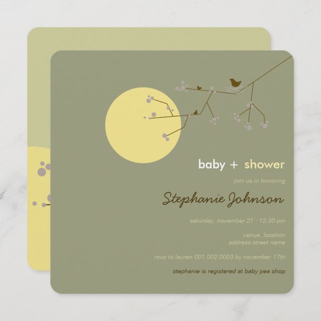 Invitation Nesting Bird Family Tree Simple Chic Baby shower (Devant / Derrière)