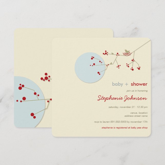 Invitation Nesting Bird Family Tree Simple Chic Baby shower (Devant / Derrière)