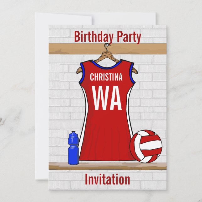 Invitation Netball personnalisé en rouge uniforme avec bleu e (Devant)