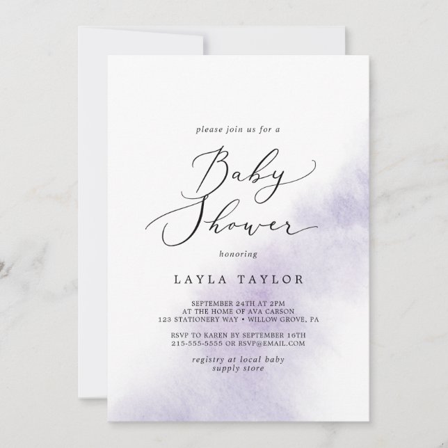 Invitation Nettoyage aquarelle | Baby shower pourpre (Devant)