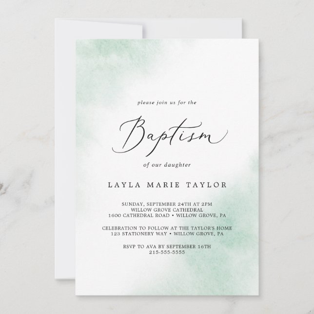Invitation Nettoyage aquarelle | Baptême vert (Devant)