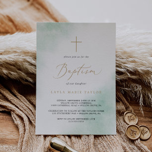 Invitation Nettoyage aquarelle   Baptême vert et or