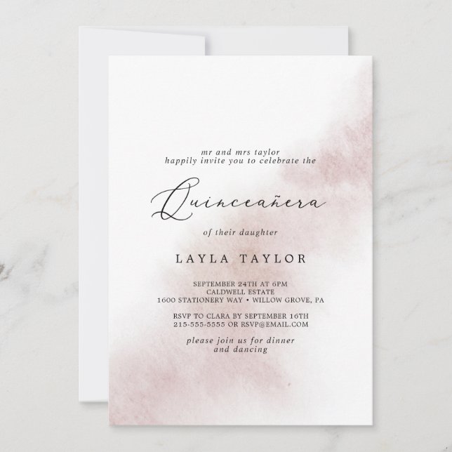 Invitation Nettoyage aquarelle | Blush Quinceañera (Devant)