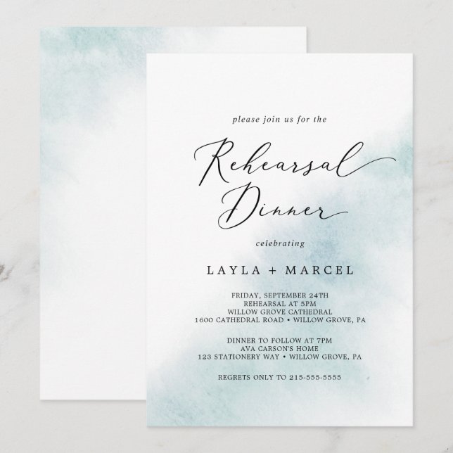 Invitation Nettoyage aquarelle | Dîner de répétition bleu (Devant / Derrière)