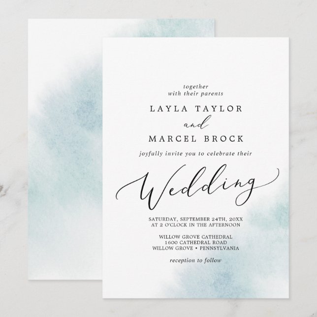 Invitation Nettoyage aquarelle | Mariage bleu (Devant / Derrière)
