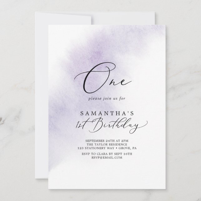 Invitation Nettoyage aquarelle | Purple Première fête d'anniv (Devant)