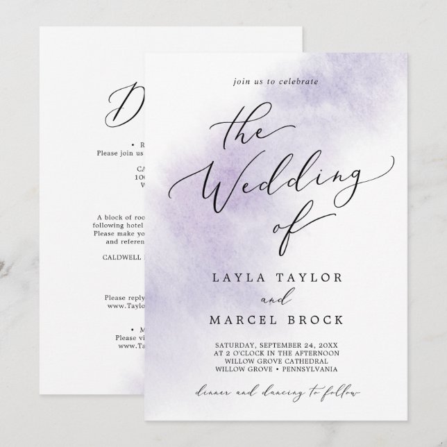 Invitation Nettoyage aquarelle | Purple tout en un Mariage (Devant / Derrière)