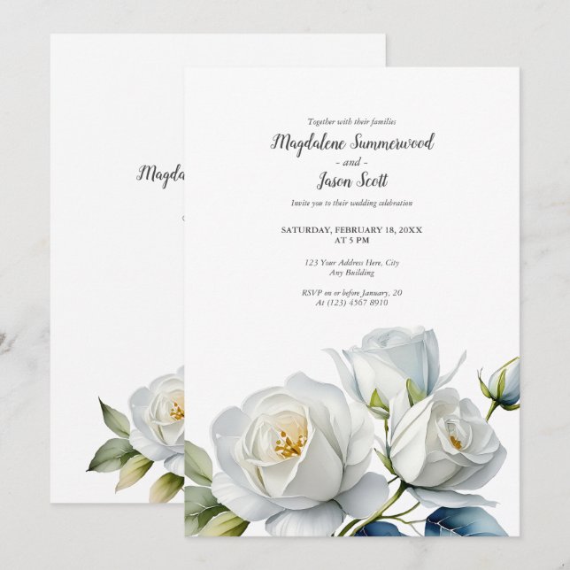 Invitation Nettoyer blanc | Aquarelle Mariage Roses blanches (Devant / Derrière)