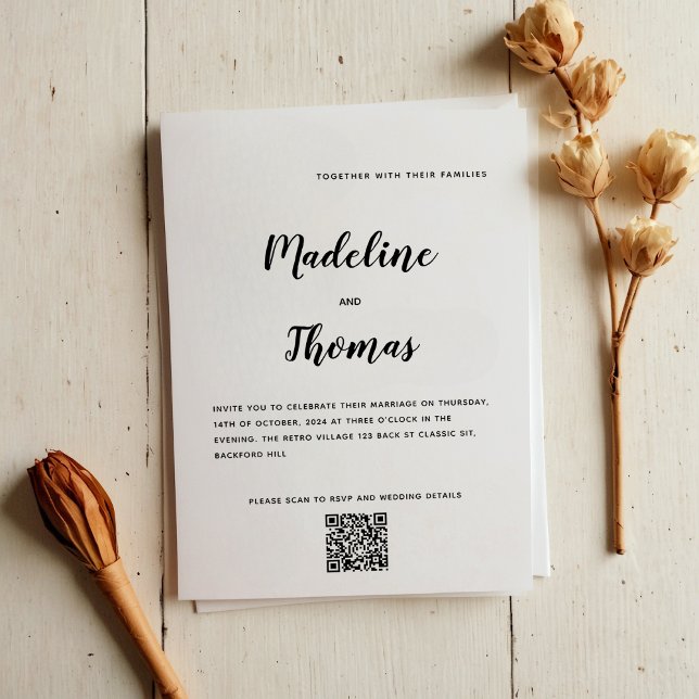 Invitation Nettoyer Elegant Calligraphie Photo QR Code Mariag (Créateur téléchargé)