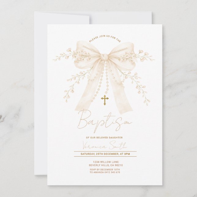 Invitation Neutral Cream Bow Cross Baptism Christening (Devant)