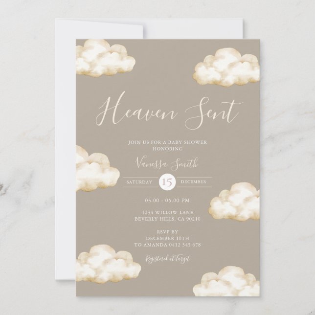 Invitation Neutral Cream Cloud Heaven Sent Baby Shower Party (Devant)