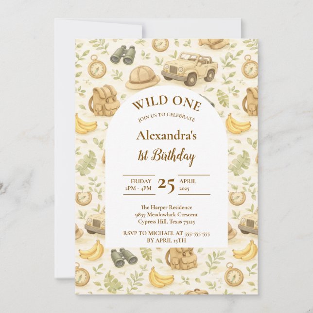 Invitation Neutral Safari Animals Wild One First Birthday (Devant)