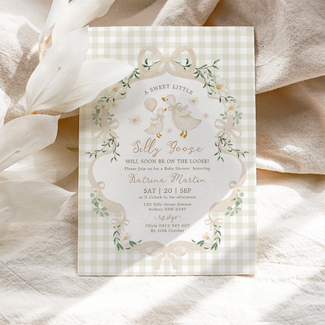 Invitation Neutral Silly Goose Beige Bow Gingham Baby Shower (Créateur téléchargé)