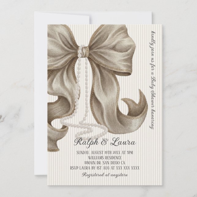 Invitation Neutral Striped Bow Girl Baby Shower (Devant)