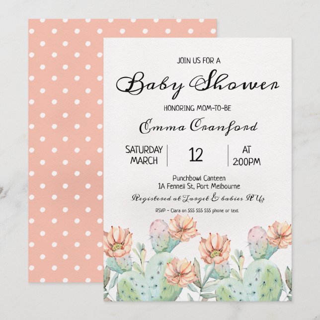 Invitation neutre de baby shower de cactus (Devant / Derrière)