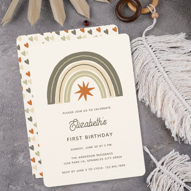 Invitation Neutre genre Pastel Boho Arc-en-ciel Premier anniv (Créateur téléchargé)
