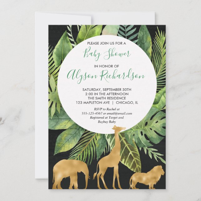 Invitation Neutre noir de genre de baby shower de safari d'or (Devant)
